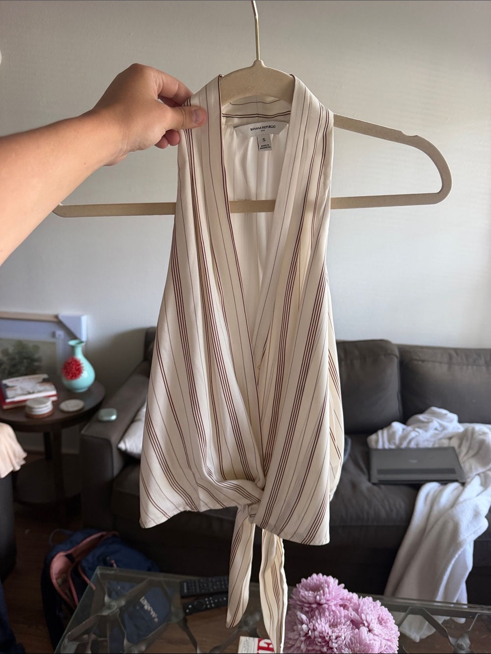 Banana Republic Cream Striped Tie-Front Halter Top